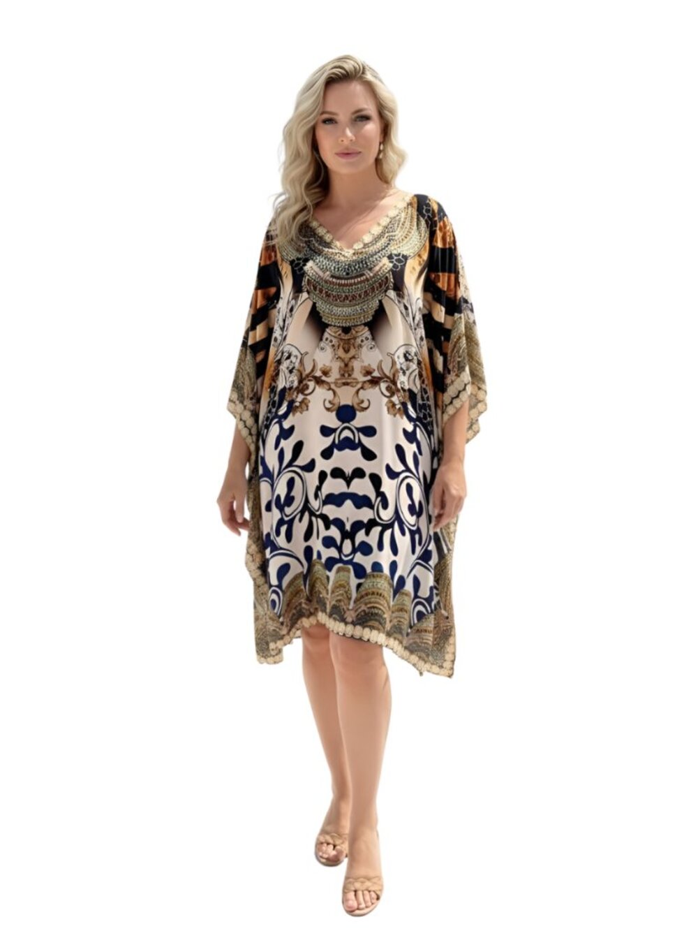 Stylish Black & Gold Baroque Print Satin Silk Tunic Dress Plus Size Resort Wear